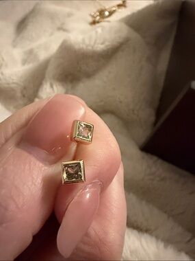 Kendra Scott Gold Square Stud Earrings with Light Green Stones